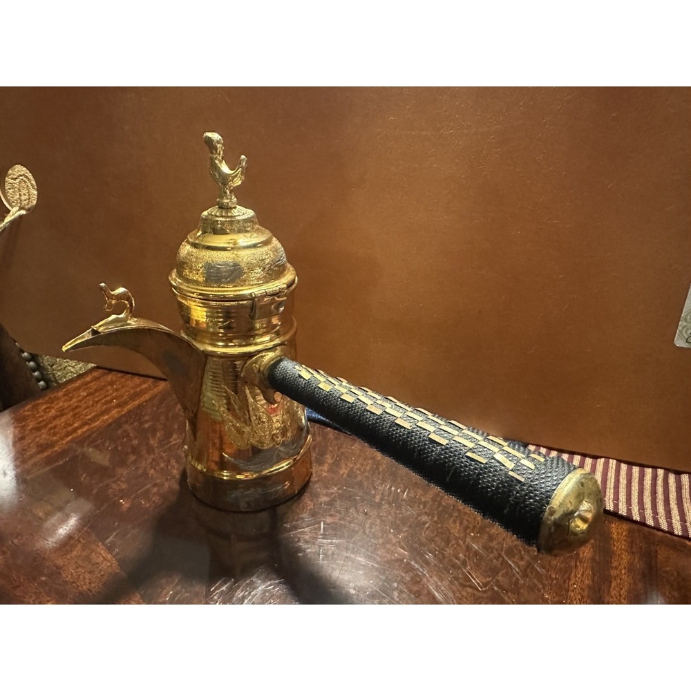 Vintage Middle Eastern Etched Brass Dallah Coffee Pot Crescent Finial Handle